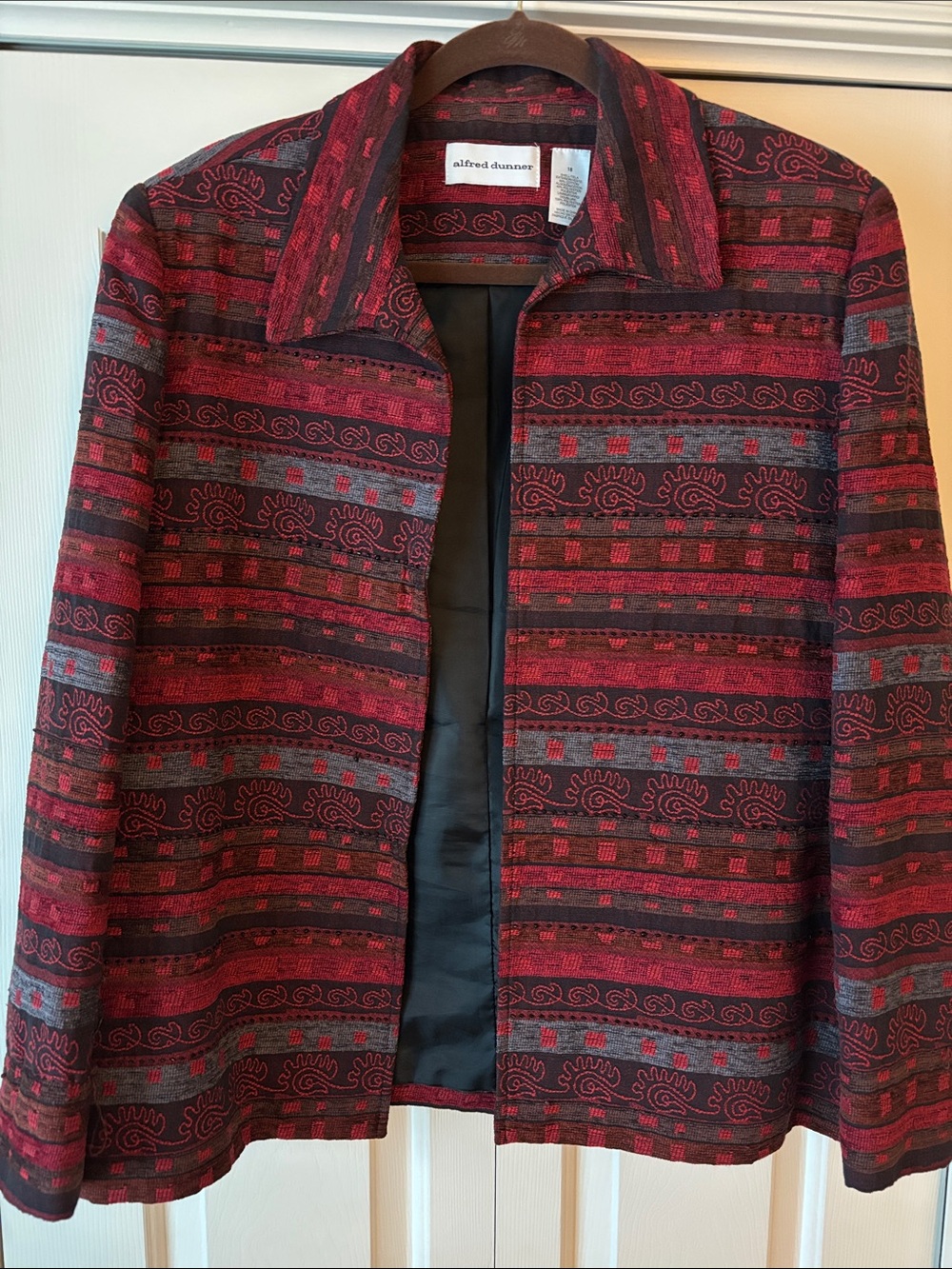 Alfred Dunner Red, Black & Gray Patterned Women's Open Front Jacket